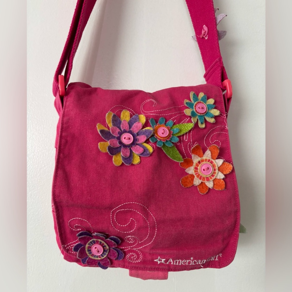 American Girl Pink Embroidered Cotton Canvas Fabric Crossbody Messenger Bag
